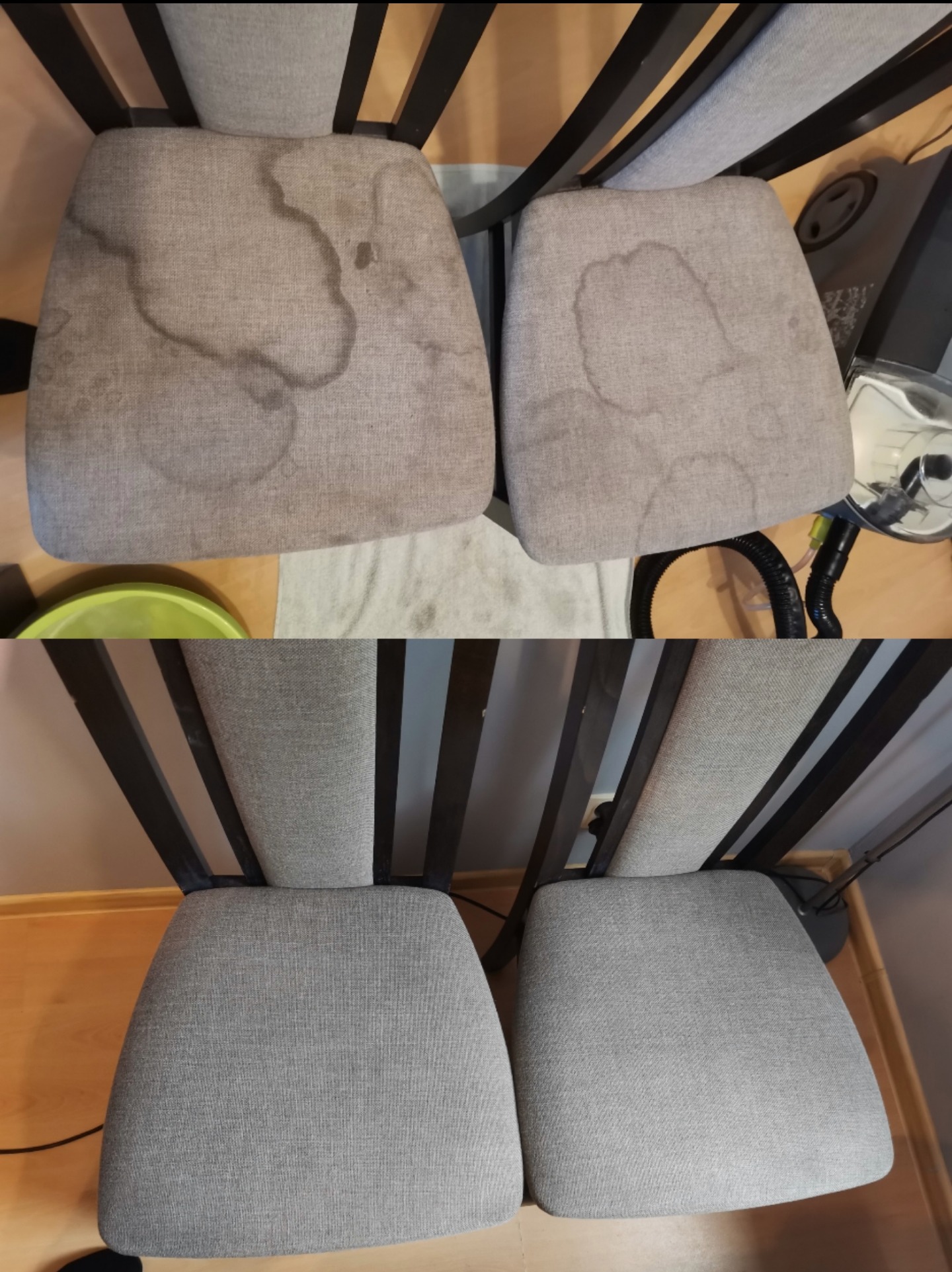 Dwa krzesła z szarą tapicerką, widoczne przed i po czyszczeniu. Na górze plamy na siedzeniach, na dole czyste, odświeżone krzesła.
