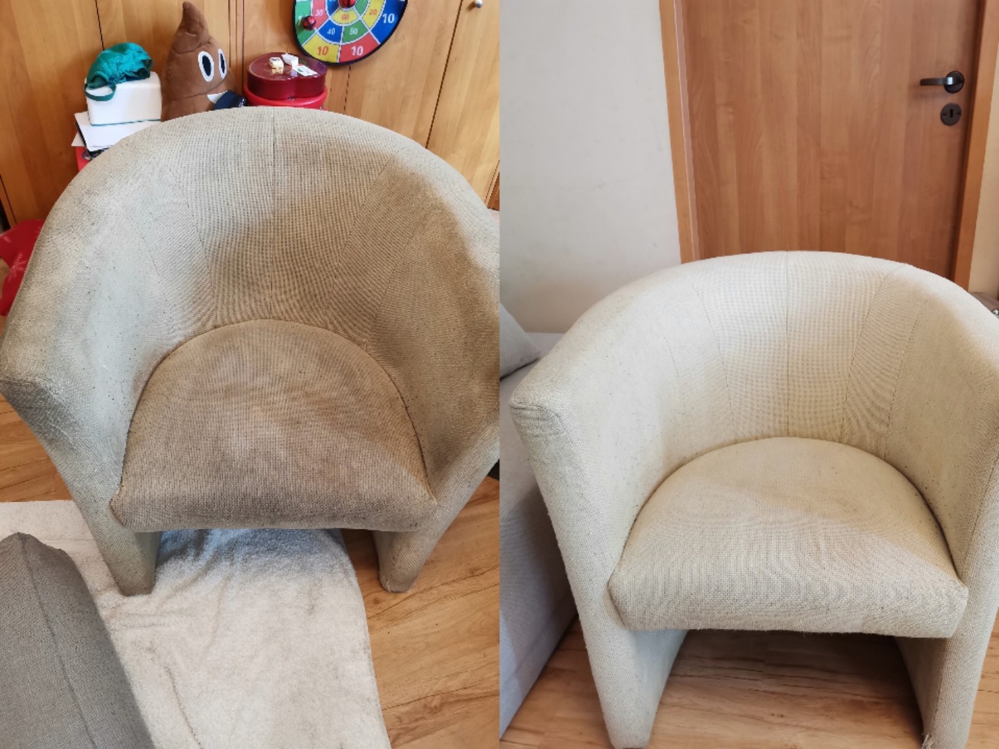 Kadr przedstawia fotel tapicerowany w odcieniach beżu, po lewej stronie widoczny przed czyszczeniem, z wyraźnymi zabrudzeniami na siedzisku i oparciu, a po prawej stronie po czyszczeniu, z widoczną...