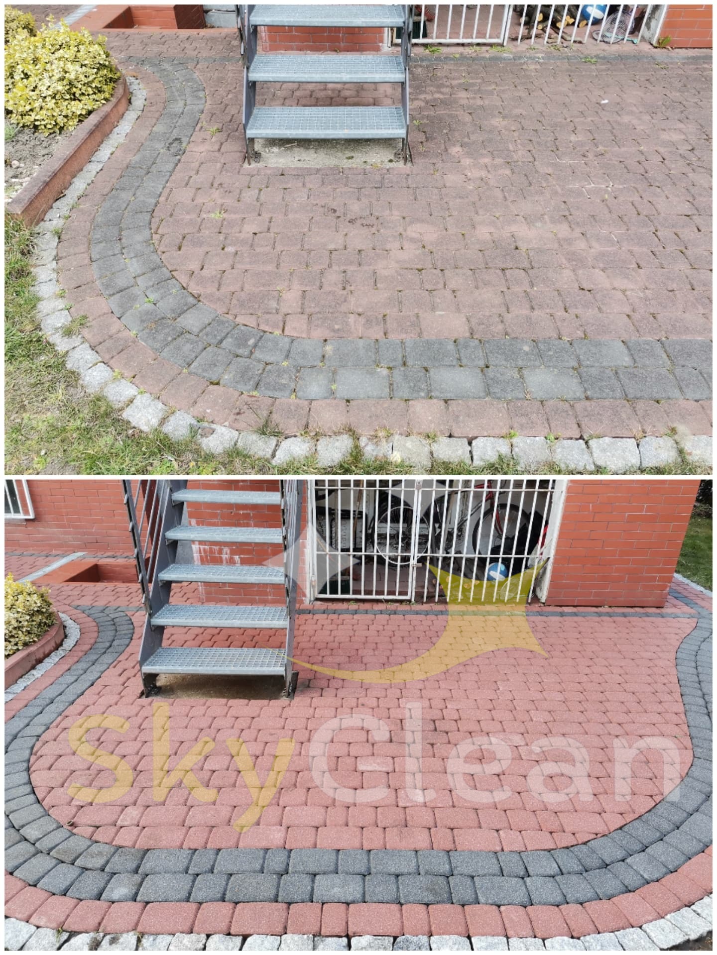 Częściowo wyczyszczona kostka brukowa na podwórku, widoczne różnice w kolorze przed i po czyszczeniu, metalowe schody prowadzą do drzwi z kratą.