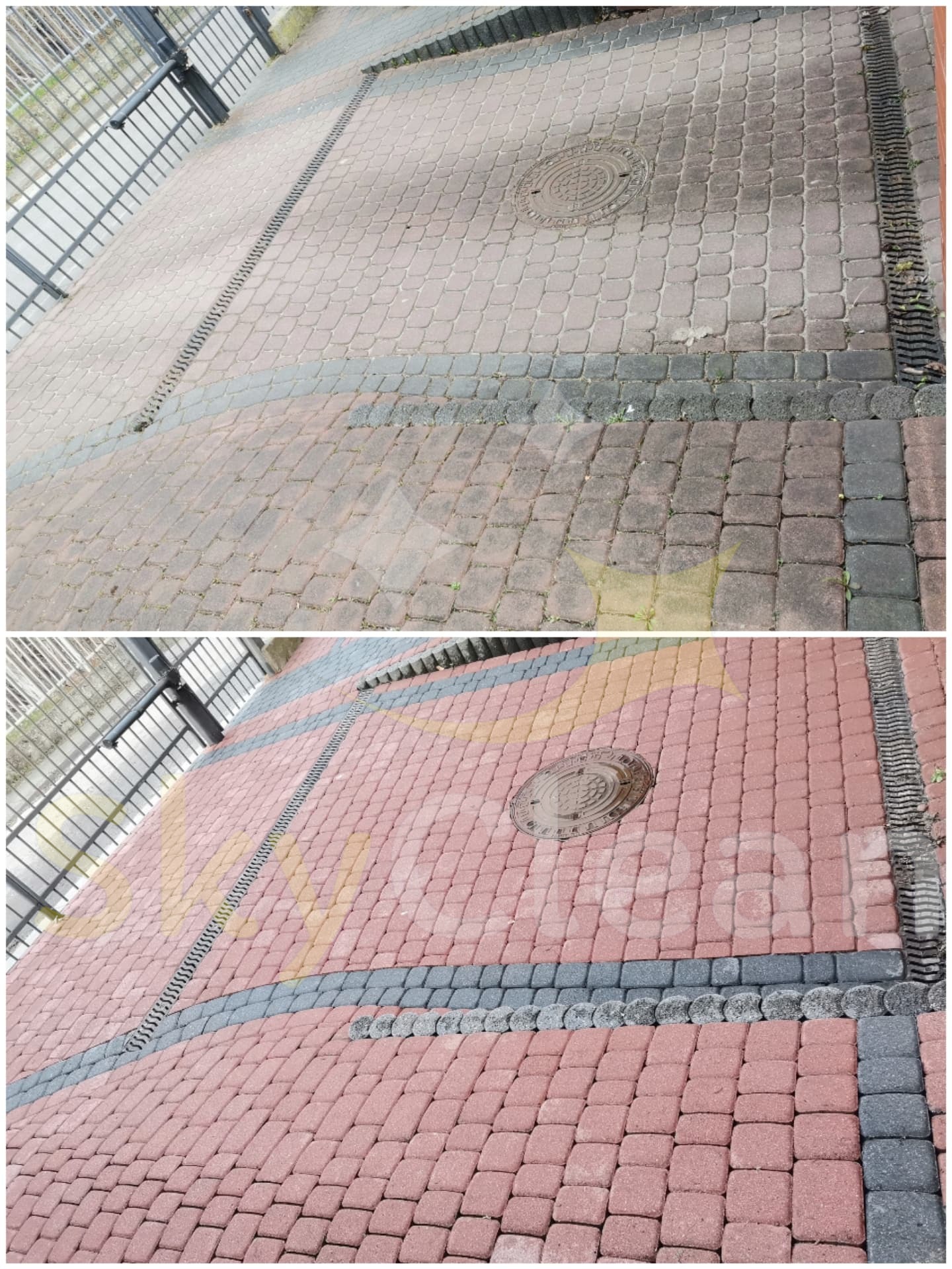 Porównanie kostki brukowej przed i po czyszczeniu, widoczne różnice w kolorze i usunięcie zabrudzeń, zarys studzienki kanalizacyjnej i rynny odpływowej.