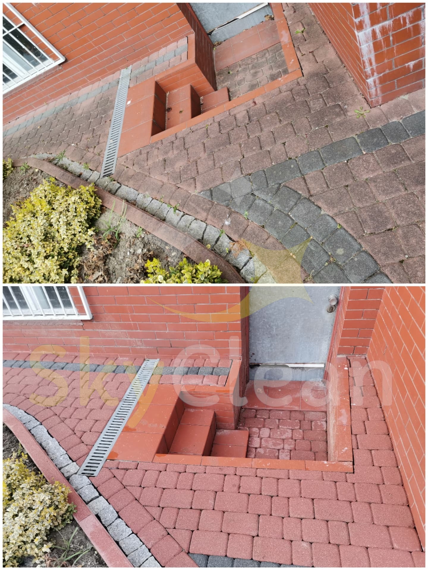 Porównanie stanu kostki brukowej przed i po czyszczeniu: widoczna różnica w kolorze i usunięte zabrudzenia przy schodach wejściowych do budynku.