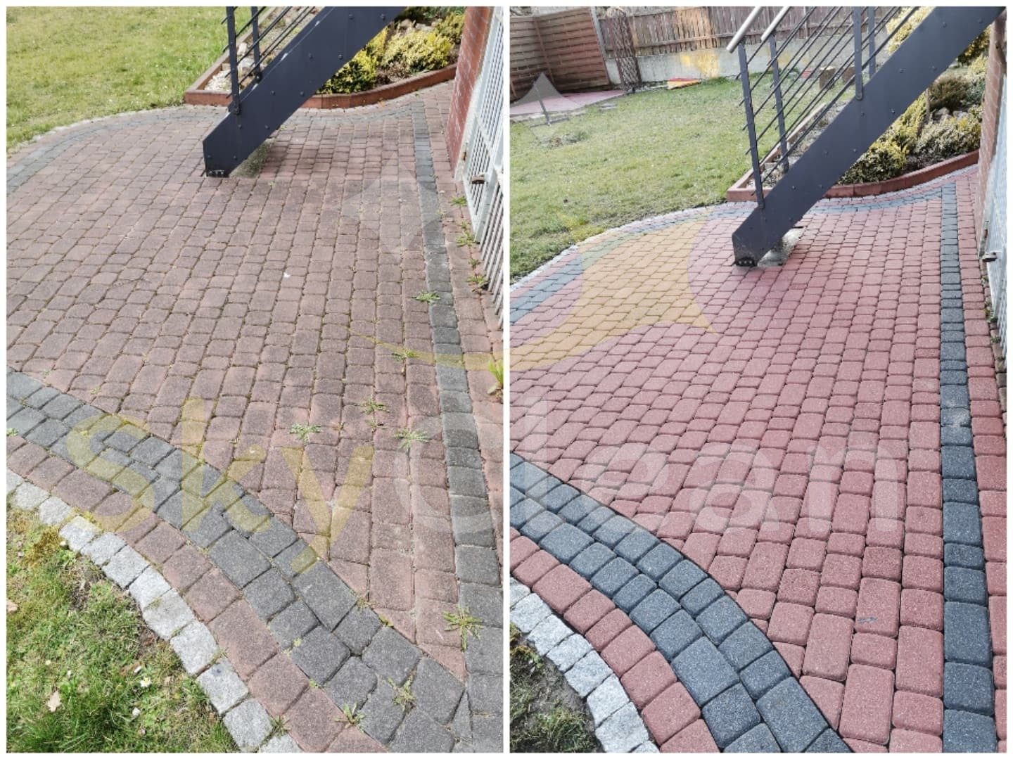 Porównanie stanu kostki brukowej przed i po czyszczeniu, widoczne różnice w kolorze i usunięcie zabrudzeń oraz mchu, schody metalowe w tle.