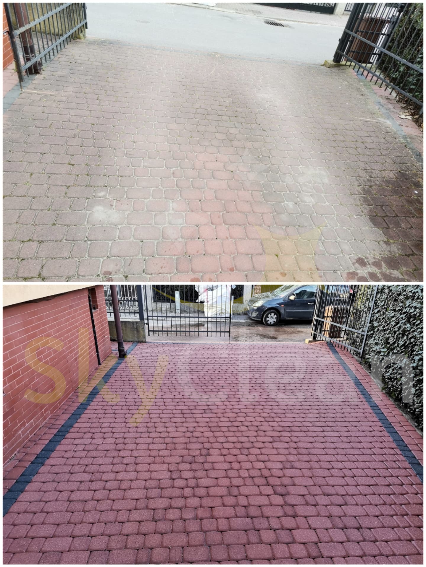 Porównanie kostki brukowej przed i po czyszczeniu: górna część z widocznymi zabrudzeniami i mchem, dolna część po wyczyszczeniu, ukazująca intensywny kolor i brak zanieczyszczeń.