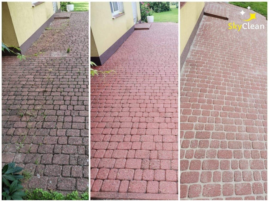 Porównanie kostki brukowej przed i po czyszczeniu, z widocznym logotypem firmy SkyClean w prawym górnym rogu.