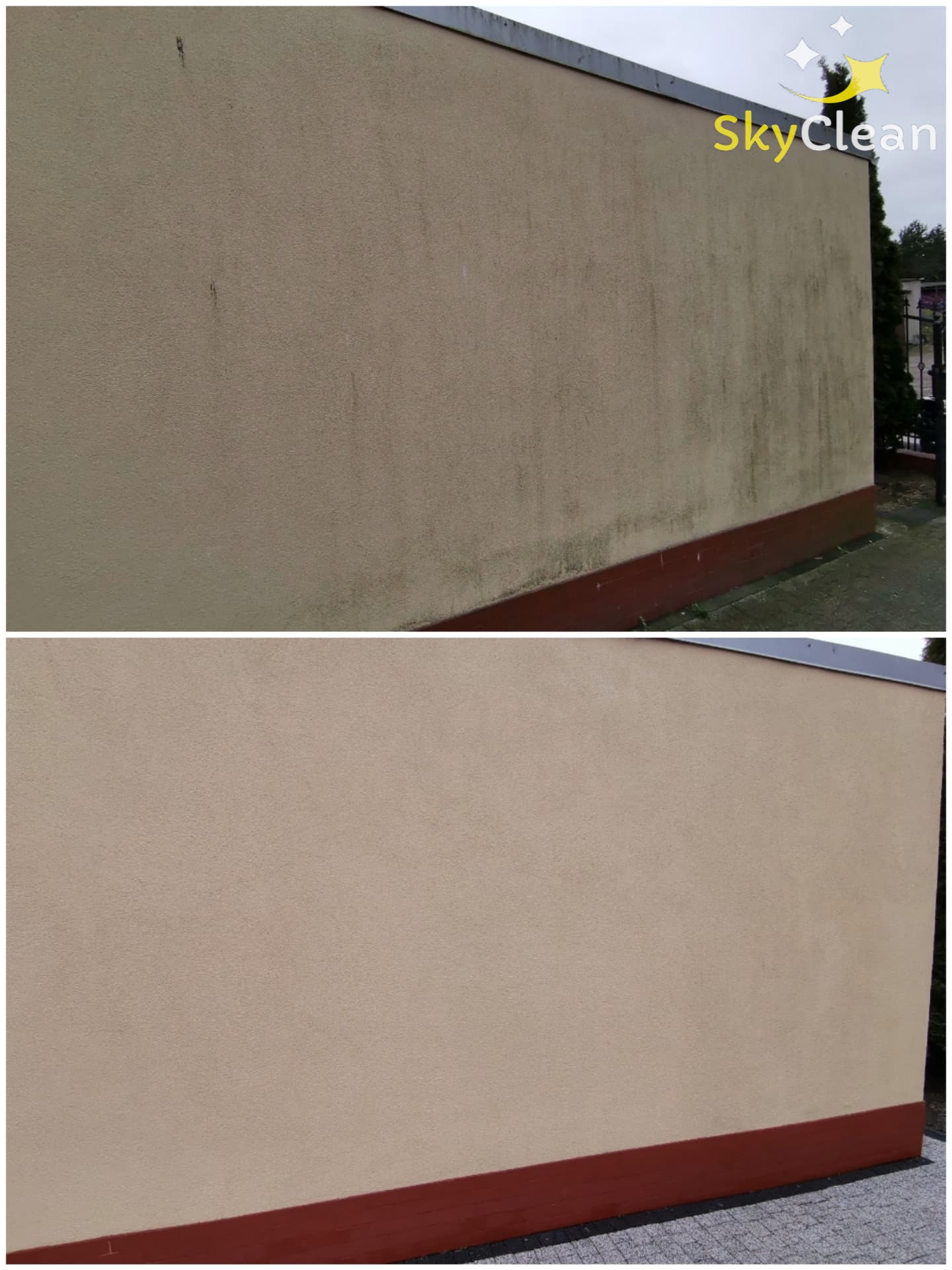 Porównanie stanu elewacji przed i po czyszczeniu, widoczne usunięcie zabrudzeń i mchu, z logo firmy SkyClean w prawym górnym rogu.