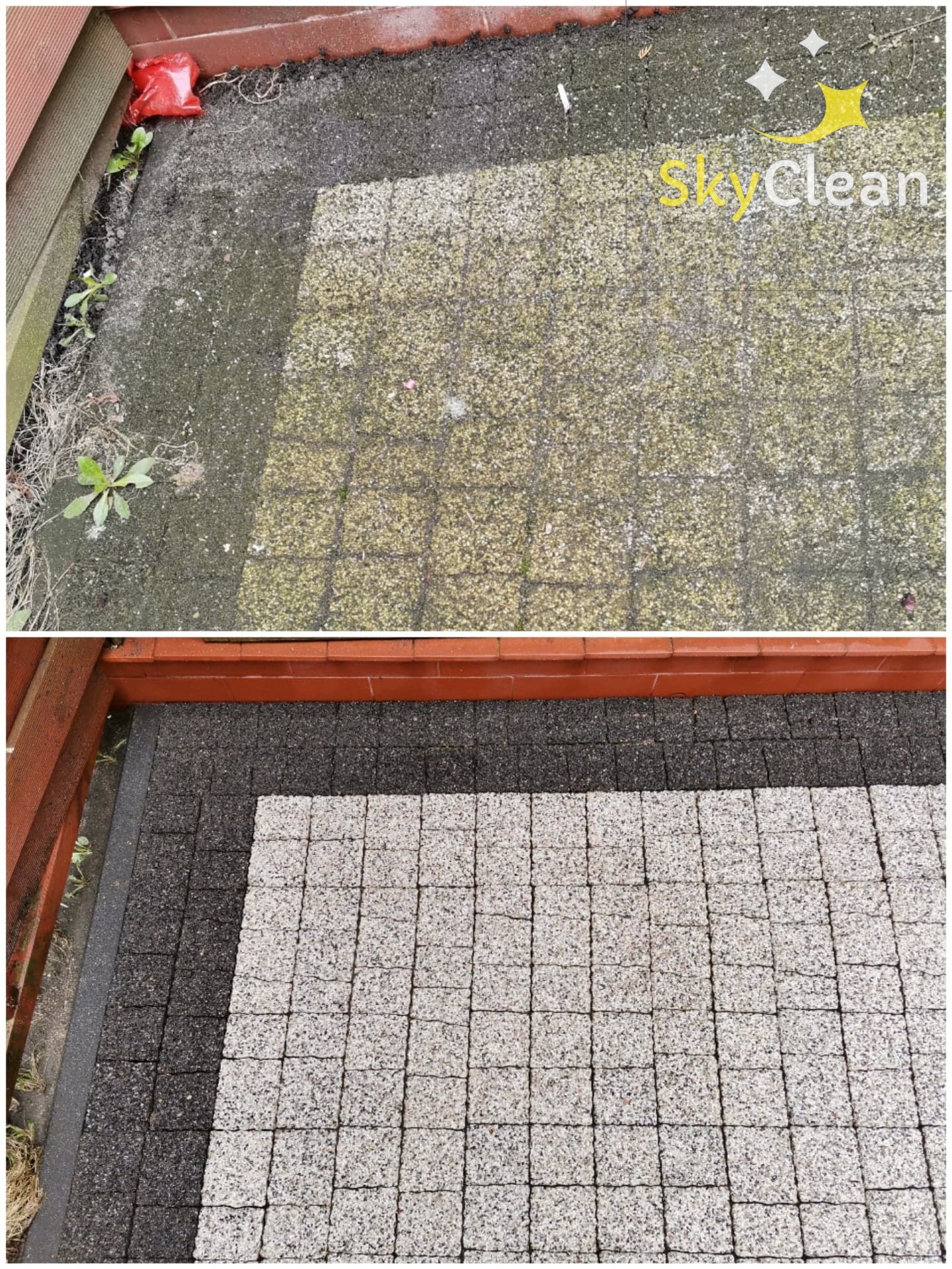 Porównanie stanu kostki brukowej przed i po czyszczeniu: górna część zdjęcia ukazuje zabrudzoną, porośniętą mchem powierzchnię, a dolna część prezentuje odnowioną, czystą kostkę w odcieniach...