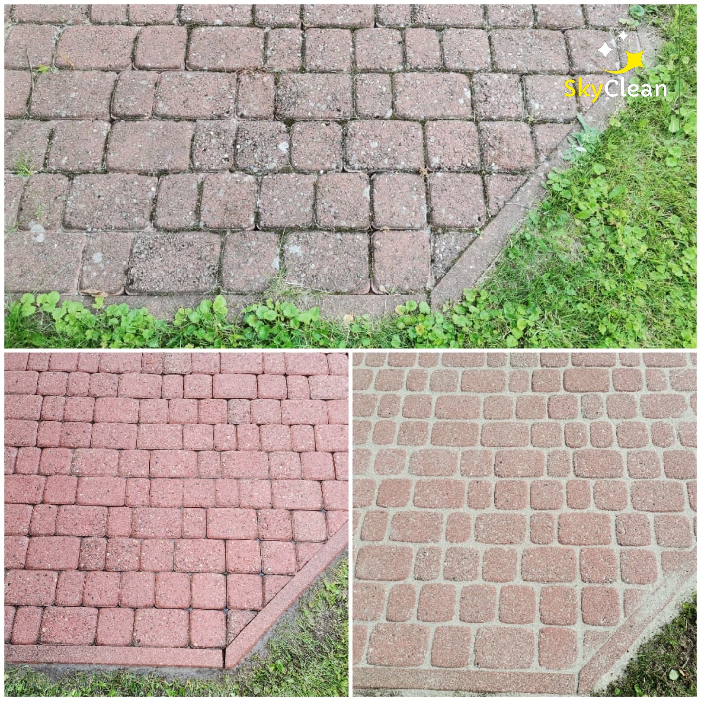 Porównanie stanu kostki brukowej przed i po czyszczeniu: górny kadr pokazuje zabrudzoną kostkę z mchem, dolne kadry ukazują wyczyszczoną, czerwoną kostkę brukową z widocznymi spoinami.