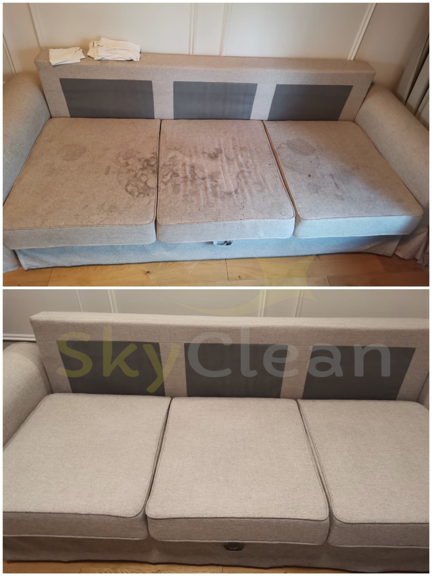 Porównanie sofy przed i po czyszczeniu: widoczne plamy na siedziskach przed zabiegiem i czysta tapicerka po jego zakończeniu. Na górze sofy leżą złożone białe ścierki.