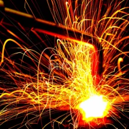 Intensywne iskry podczas spawania metalu, widoczne w ciemności, z bliska uchwycony moment obróbki.