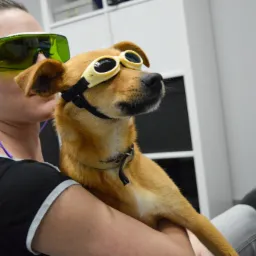 Kobieta trzyma na rękach psa w ochronnych goglach; oboje mają założone okulary ochronne przed laserem.