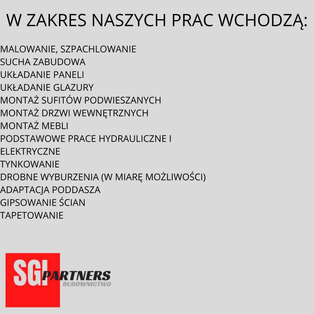 Lista usług budowlanych oferowanych przez firmę SG Partners Budownictwo, obejmująca malowanie, szpachlowanie, suchą zabudowę, układanie paneli i glazury, montaż sufitów podwieszanych, drzwi...