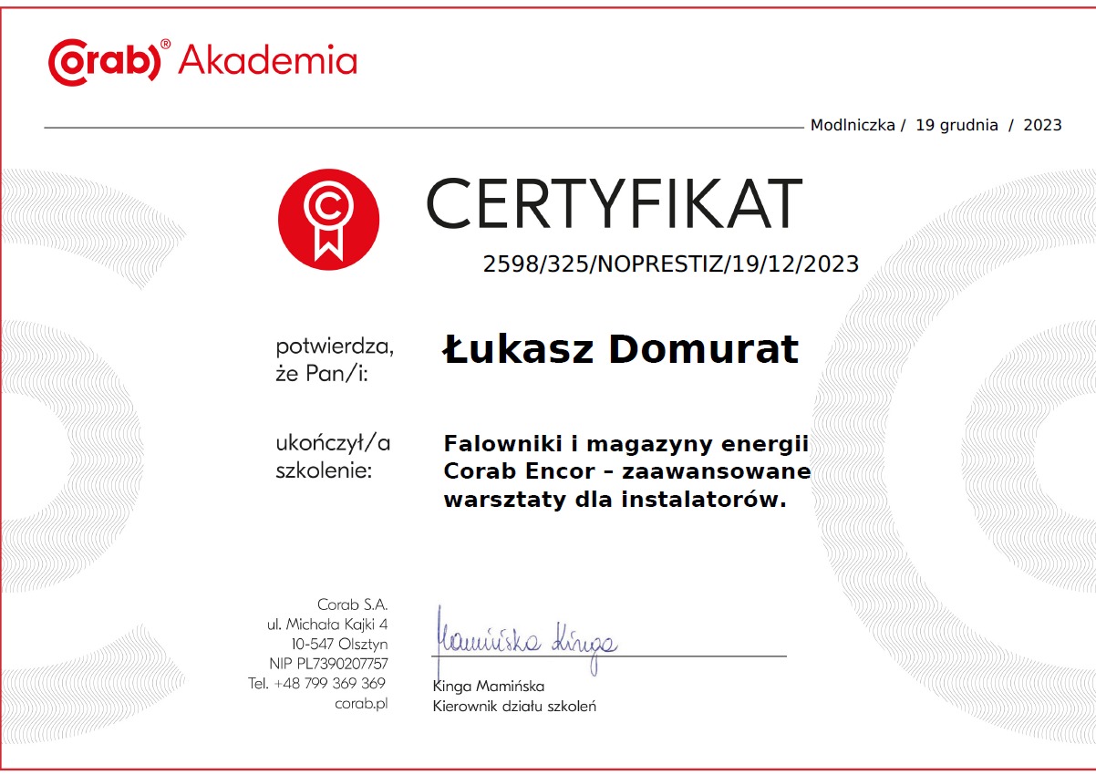 Certyfikat ukończenia szkolenia z falowników i magazynów energii Corab Encor dla instalatorów, wydany przez Corab S.A. dla Łukasza Domurata.