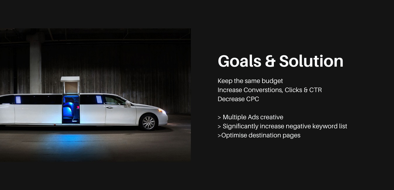 Slajd prezentacji z tekstem 'Goals & Solution', poniżej wypunktowane cele marketingowe, obok biała limuzyna z otwartymi drzwiami i niebieskim oświetleniem wnętrza, na tle betonowej ściany.