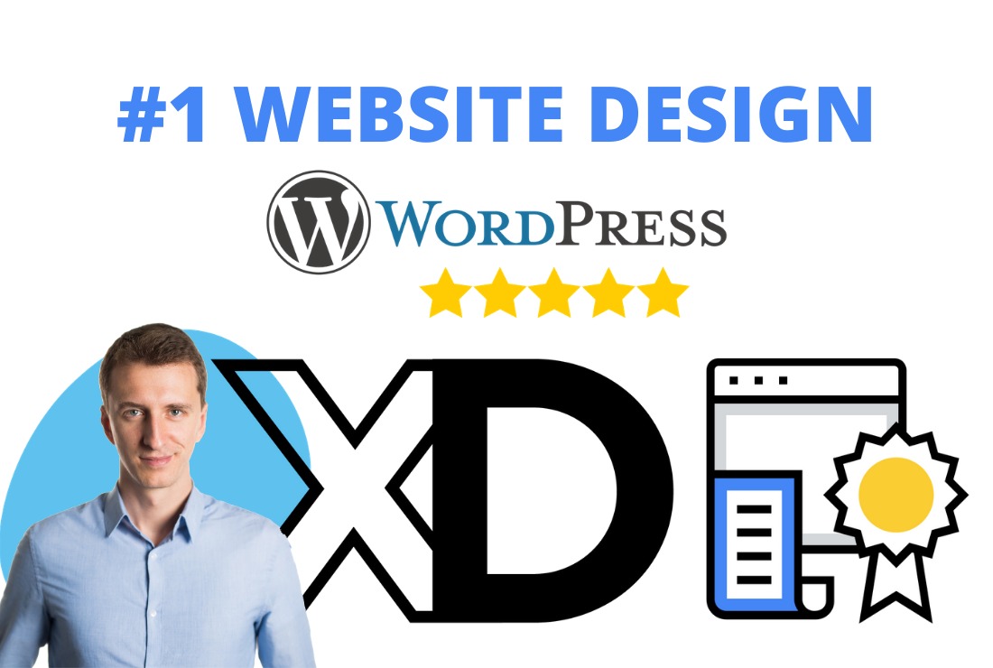 Grafika reklamowa: #1 Website Design, logo WordPress, cztery gwiazdki, XD, ikona strony internetowej z certyfikatem i uśmiechnięty mężczyzna w błękitnej koszuli.