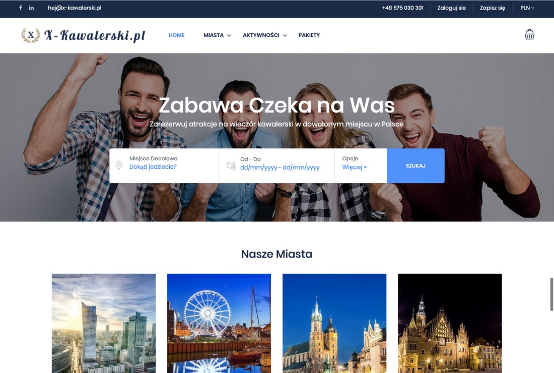 Strona internetowa z dynamicznym nagłówkiem przedstawiającym czterech roześmianych mężczyzn i formularzem rezerwacji atrakcji na wieczór kawalerski.