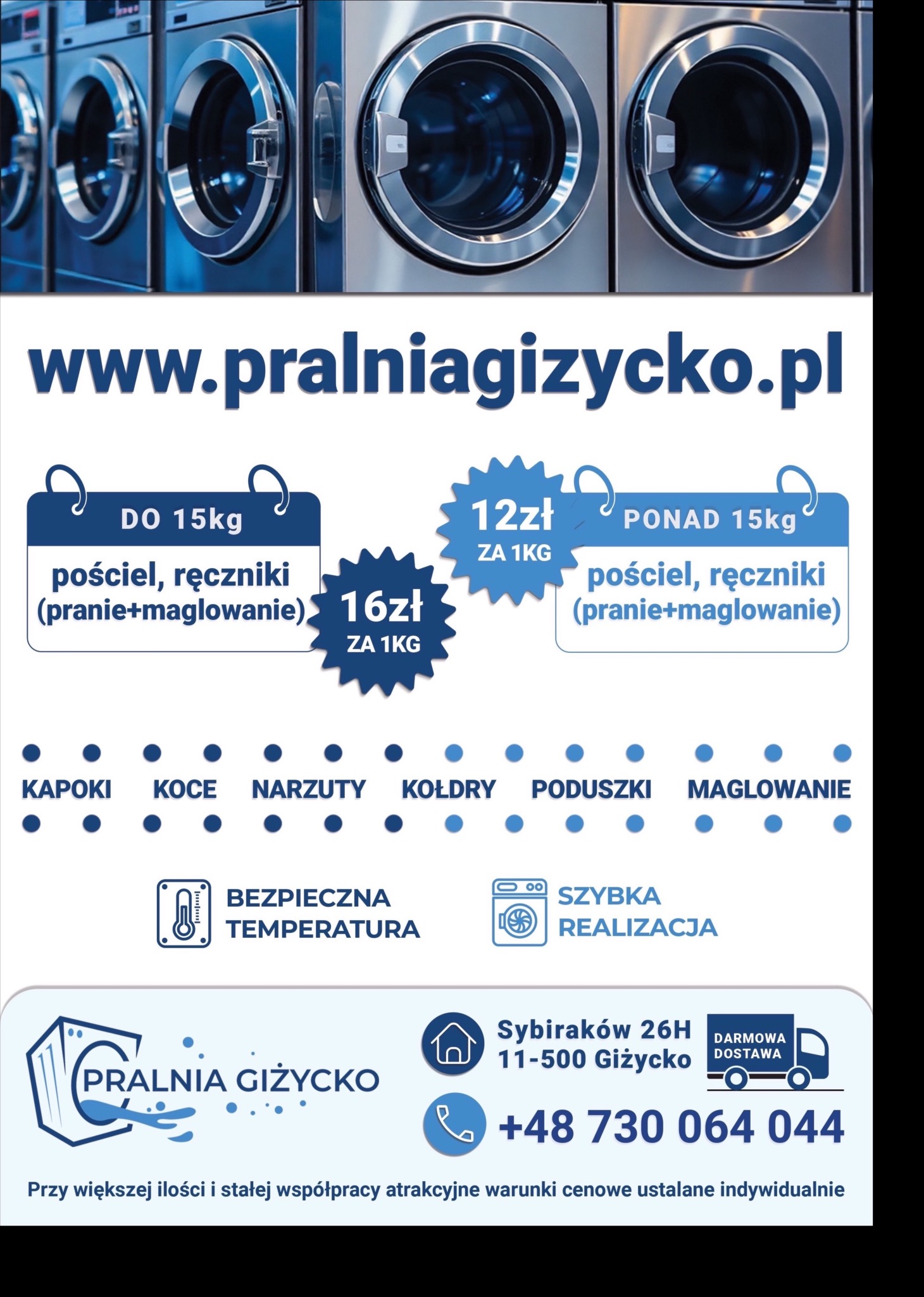 Profesjonalne pralki przemysłowe w pralni Giżycko. Oferta prania pościeli, ręczników, kapoków, koców, narzut, kołder i poduszek. Bezpieczna temperatura i szybka realizacja.