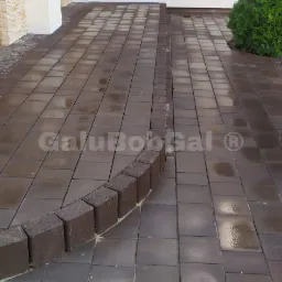 Ułożona, brązowa kostka brukowa z obrzeżami z kostki granitowej, prowadząca do wejścia budynku z widoczną rynną i ozdobnymi tujami po prawej stronie.