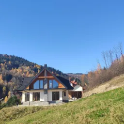 Nowoczesny dom z dużymi oknami, czarnym dachem i drewnianymi elementami elewacji, położony na wzgórzu z widokiem na las w jesiennych barwach.