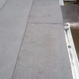 Dach pokryty papą bitumiczną, widoczny fragment rynny z zanieczyszczeniami, drzewa w tle.