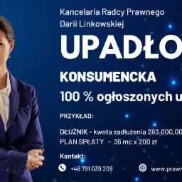 Portret kobiety w granatowym żakiecie na tle grafiki z napisem 'Upadłość konsumencka', prezentacja kancelarii radcy prawnego.
