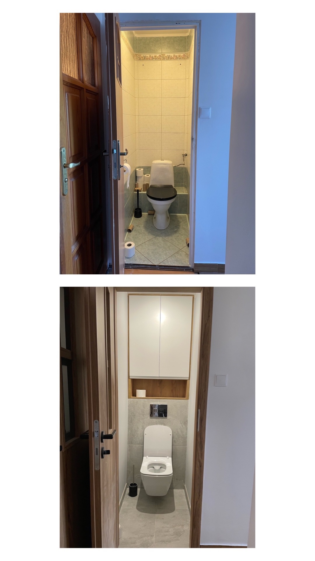 Dwa ujęcia tej samej toalety przed i po renowacji: pierwsze z ciemną deską, jasnymi płytkami i zużytymi rolkami papieru, drugie z białą deską, szarymi płytkami i szafką nad toaletą.