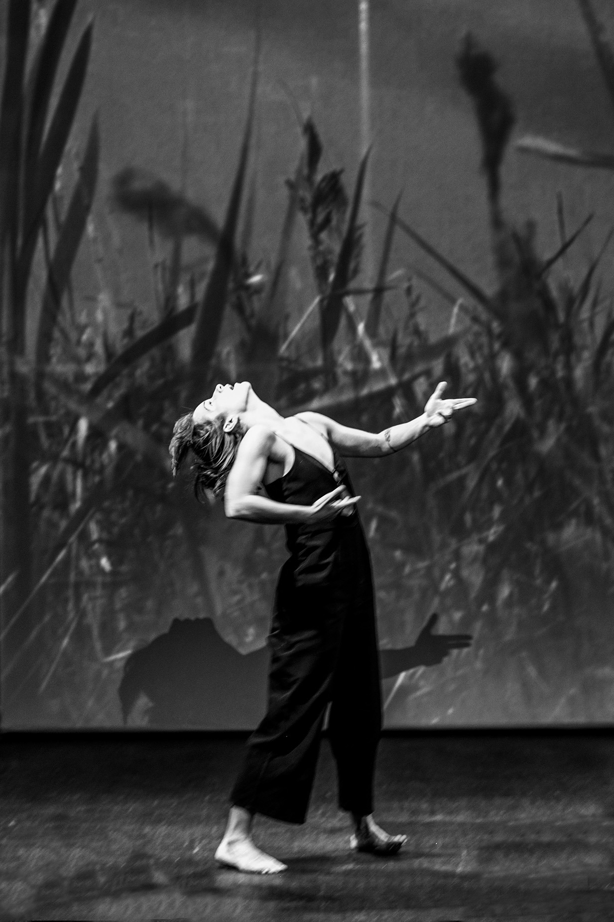 Czarno-białe zdjęcie kobiety w dynamicznej pozie tanecznej na scenie z projekcją trzcin w tle, oświetlonej punktowo.