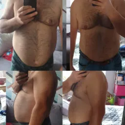 Cztery ujęcia torsu mężczyzny przed i po prawdopodobnej utracie wagi, z widocznymi zmianami w obwodzie brzucha i ogólnej sylwetce.