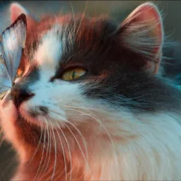 Portret kota rasy mieszanej z niebieskim motylem Morpho siedzącym na nosie, z delikatnym oświetleniem i rozmytym tłem.