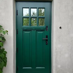 Zielone drzwi zewnętrzne z szybami w szprosach, czarne okucia, klucze w zamku, szorstka ściana z otworem po dzwonku, widok na zieleń za szybami.