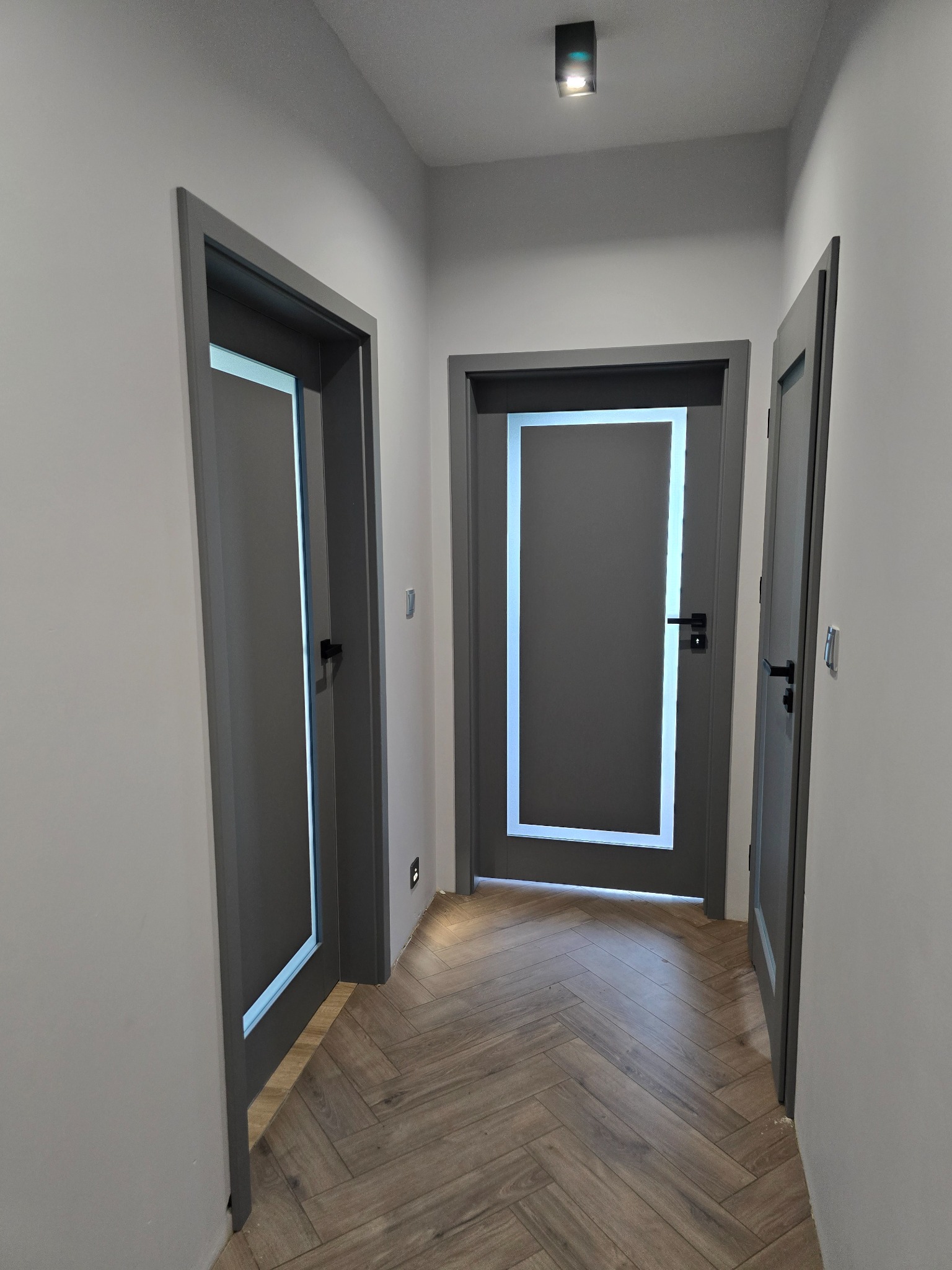 Wnętrze korytarza z trzema szarymi drzwiami wewnętrznymi z podświetlanymi ościeżnicami, ułożona podłoga w jodełkę.