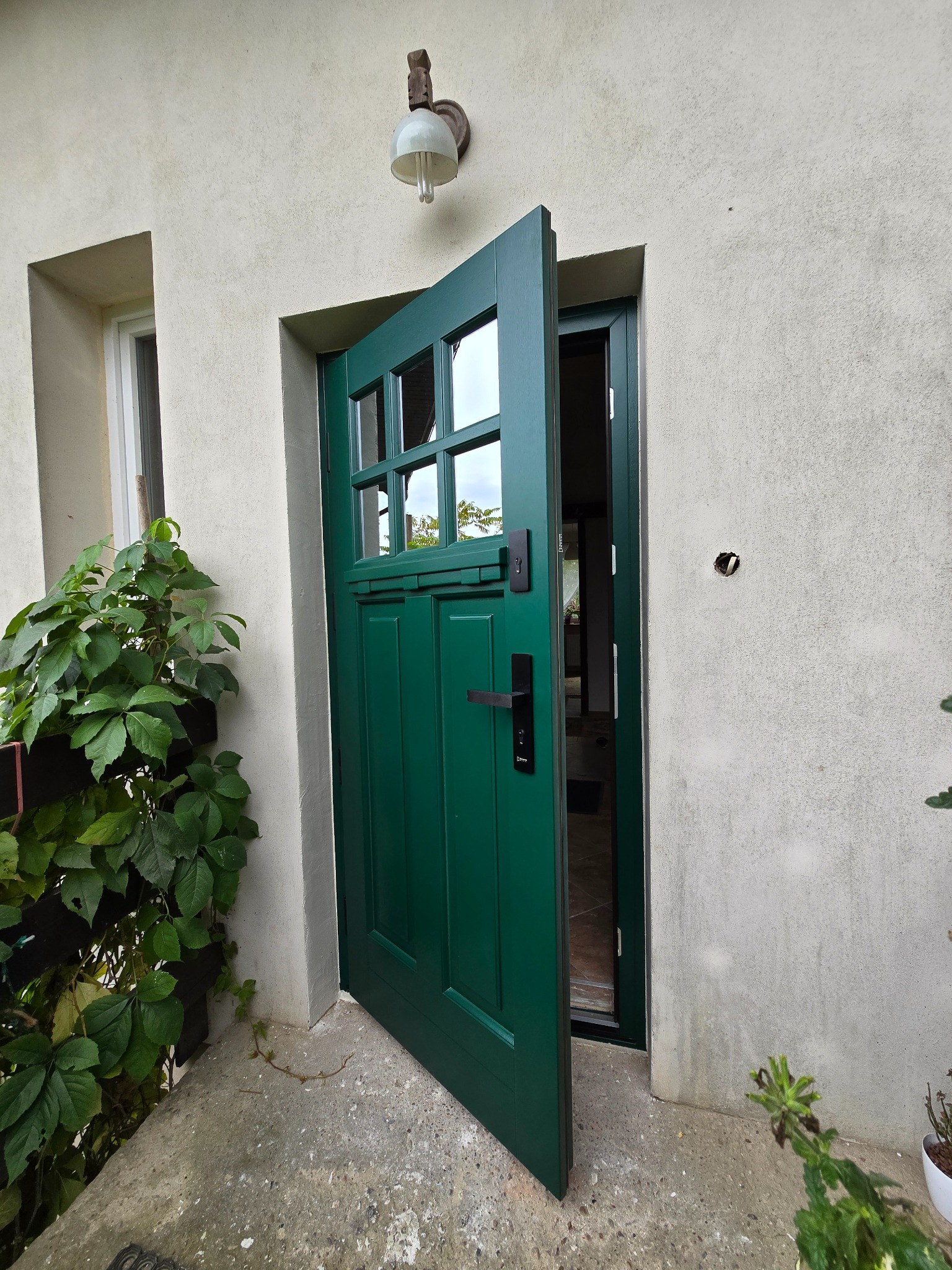 Otwarta, zielona, drewniana brama wejściowa z szybkami, czarną klamką i zamkiem, widoczna na tle teksturowanej ściany budynku z roślinnością.