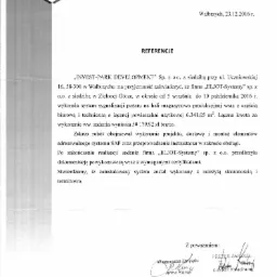 Skan dokumentu referencyjnego dla firmy ELJOT-Systemy od INVEST-PARK DEVELOPMENT z Wałbrzycha, potwierdzający wykonanie systemu sygnalizacji pożaru na hali magazynowo-produkcyjnej, datowany na 23.