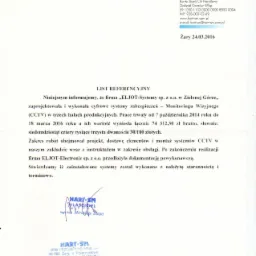 Skan listu referencyjnego firmy HART-SM, potwierdzający realizację projektu cyfrowych systemów zabezpieczeń - monitoringu wizyjnego CCTV w halach produkcyjnych przez firmę ELJOT-Systemy sp. z o.