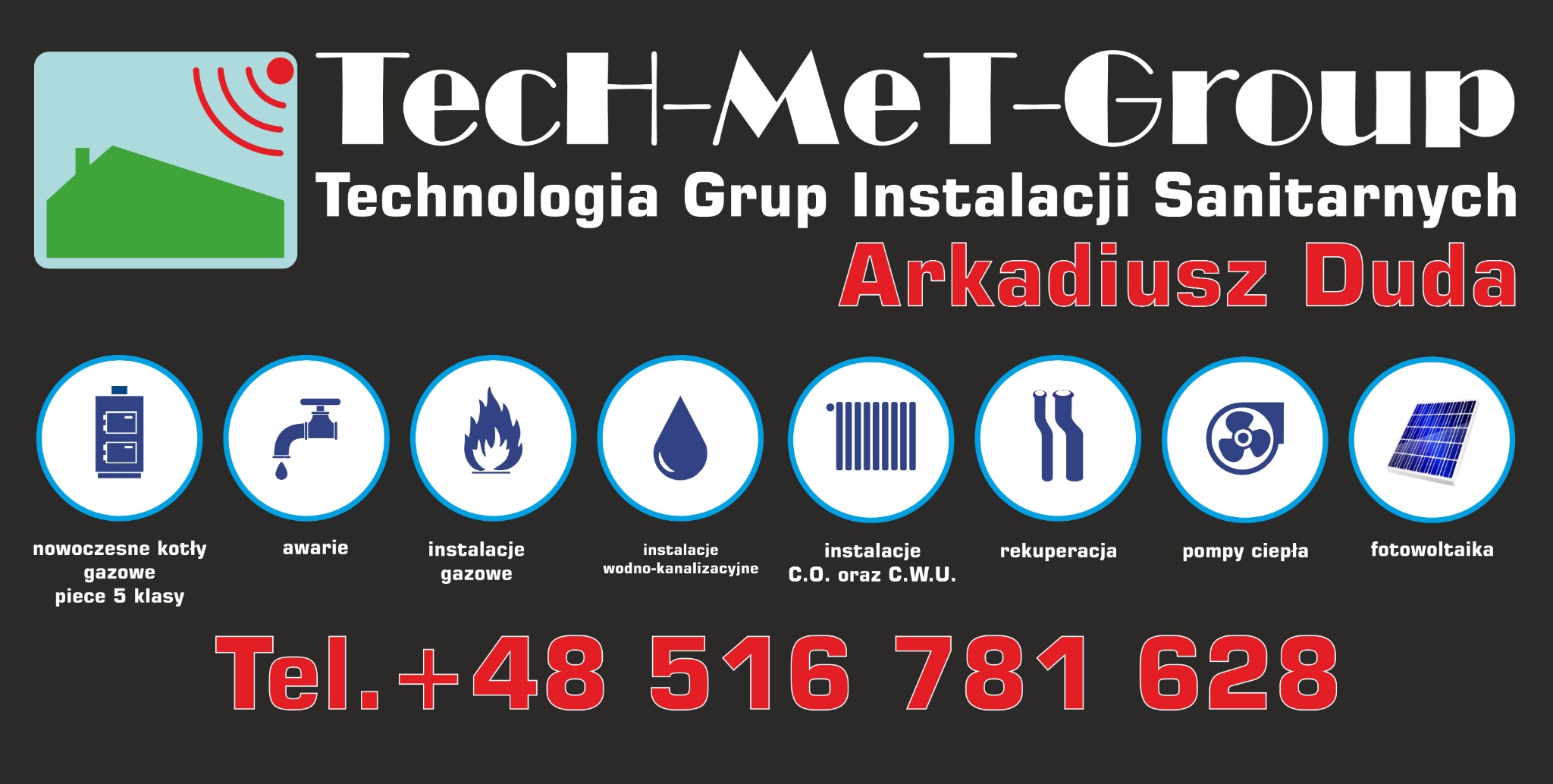 Logo firmy instalacyjnej Tech-Met-Group z ikonami przedstawiającymi kotły gazowe, awarie, instalacje gazowe, wodno-kanalizacyjne, C.O., rekuperację, pompy ciepła i fotowoltaikę oraz numerem telefonu.