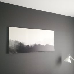 Projekt Mateusz Marszałek - Ściana w odcieniach szarości z obrazem przedstawiającym mglisty las i lampką biurkową.