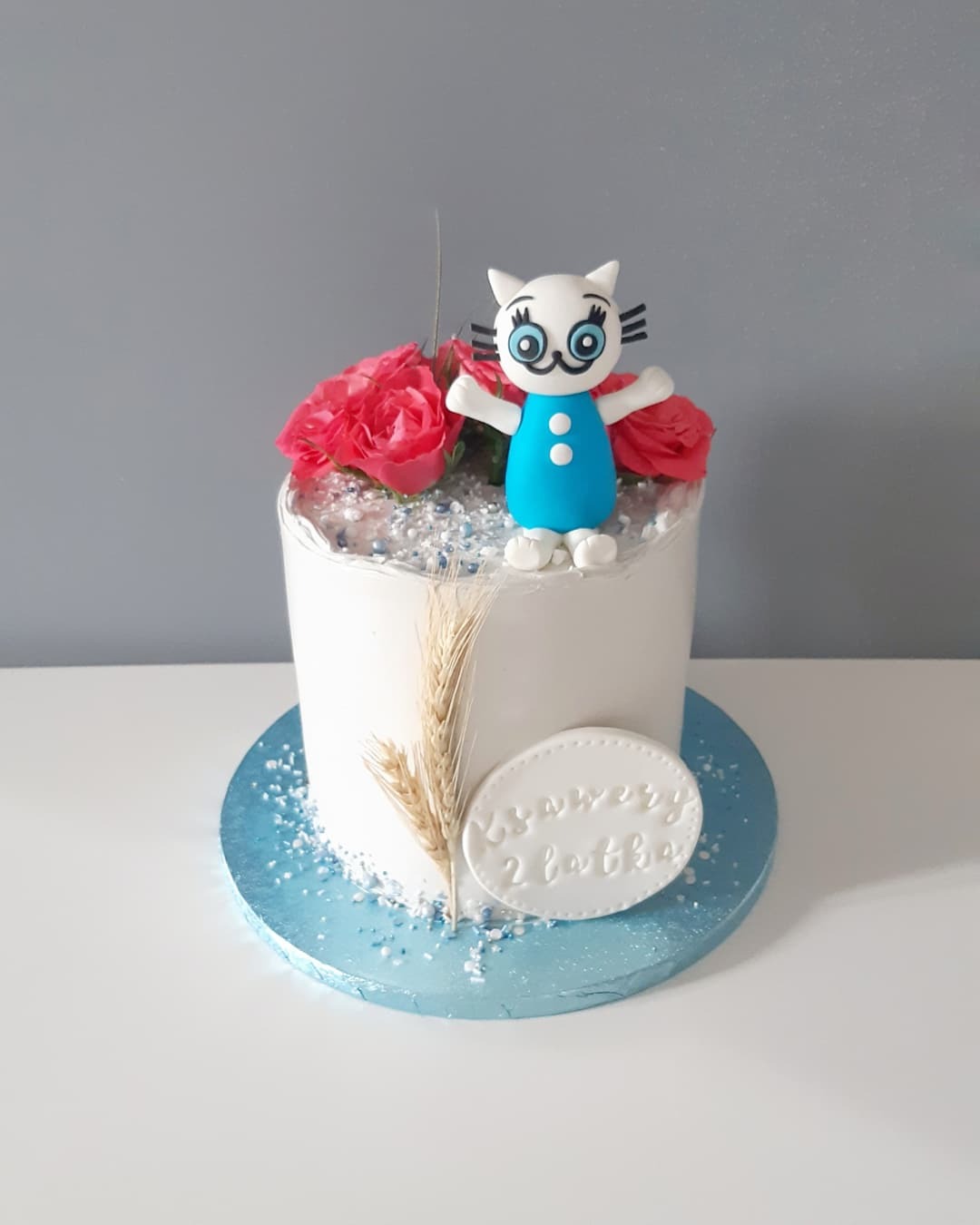 Tort urodzinowy z białym lukrem, dekorowany figurką kota w niebieskiej sukience, czerwonymi różami, kłosami zboża i napisem 'Ksawery 2 latka' na białym tle.