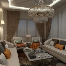 Salon w stylu glamour z beżowymi sofami, okrągłym żyrandolem z metalową konstrukcją, zasłonami w odcieniach beżu i szarości oraz dekoracyjną tapetą z motywem piór.