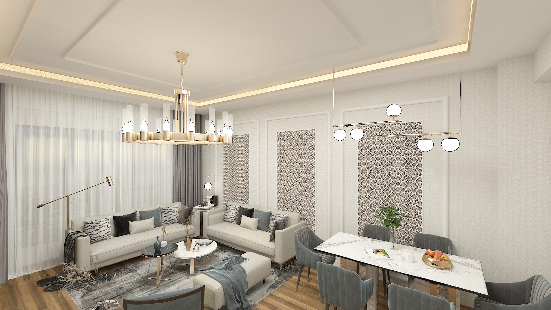 Wizualizacja przestronnego salonu z jadalnią, ukazująca kremowe sofy z dekoracyjnymi poduszkami, okrągły stolik kawowy na wzorzystym dywanie, jasny stół jadalny z marmurowym blatem i szarymi...