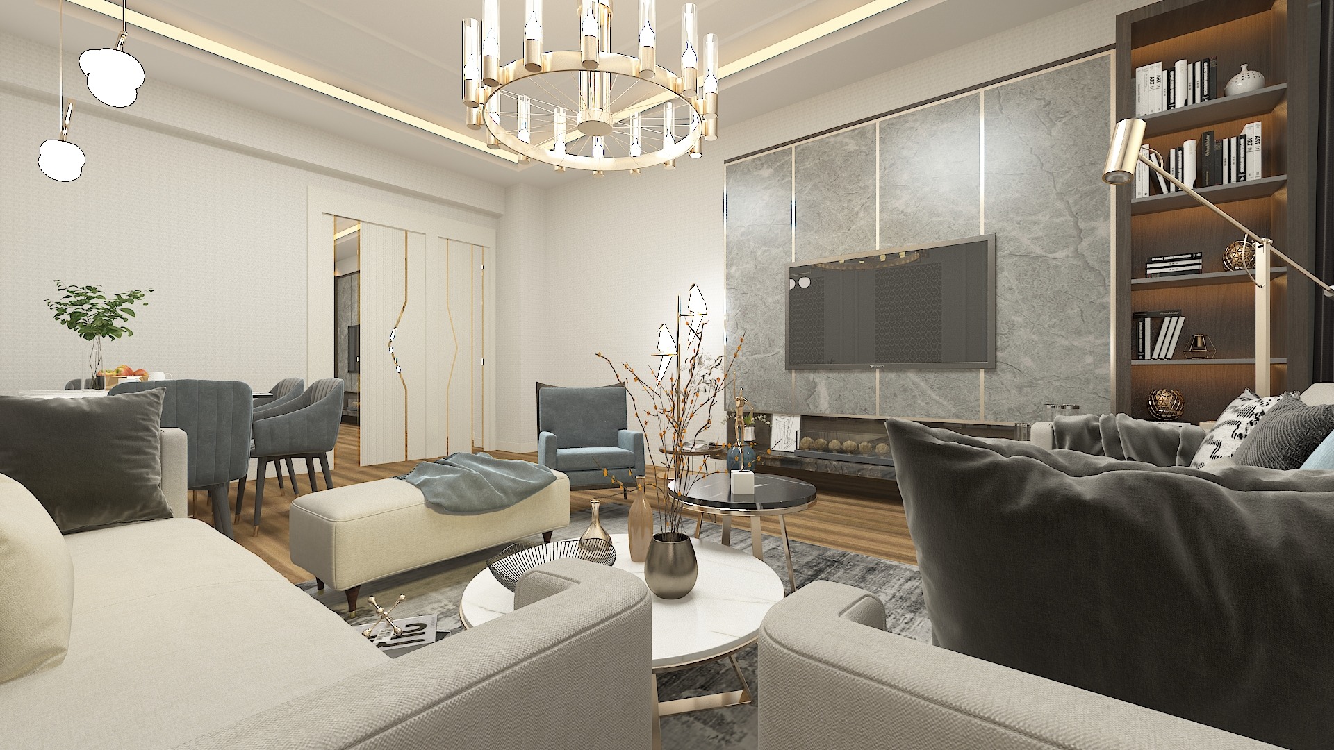 Wizualizacja salonu z marmurową ścianą telewizyjną, nowoczesnym oświetleniem i minimalistycznym umeblowaniem, obejmująca stół jadalny z szarymi krzesłami w tle.