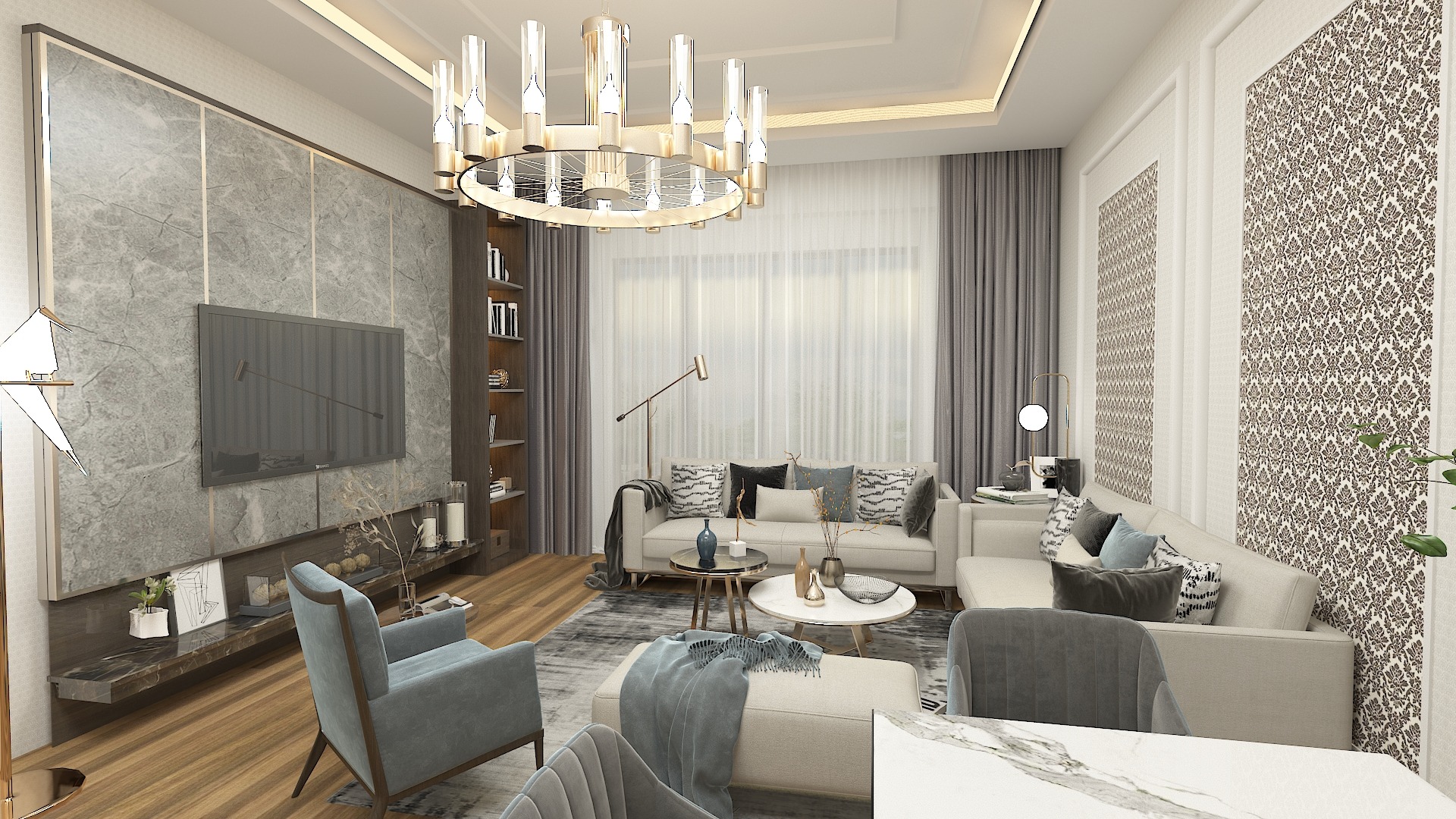 Wizualizacja salonu z marmurową ścianą TV, regałem na książki i designerskim oświetleniem sufitowym, uzupełniona o turkusowy fotel i dywan w odcieniach szarości.