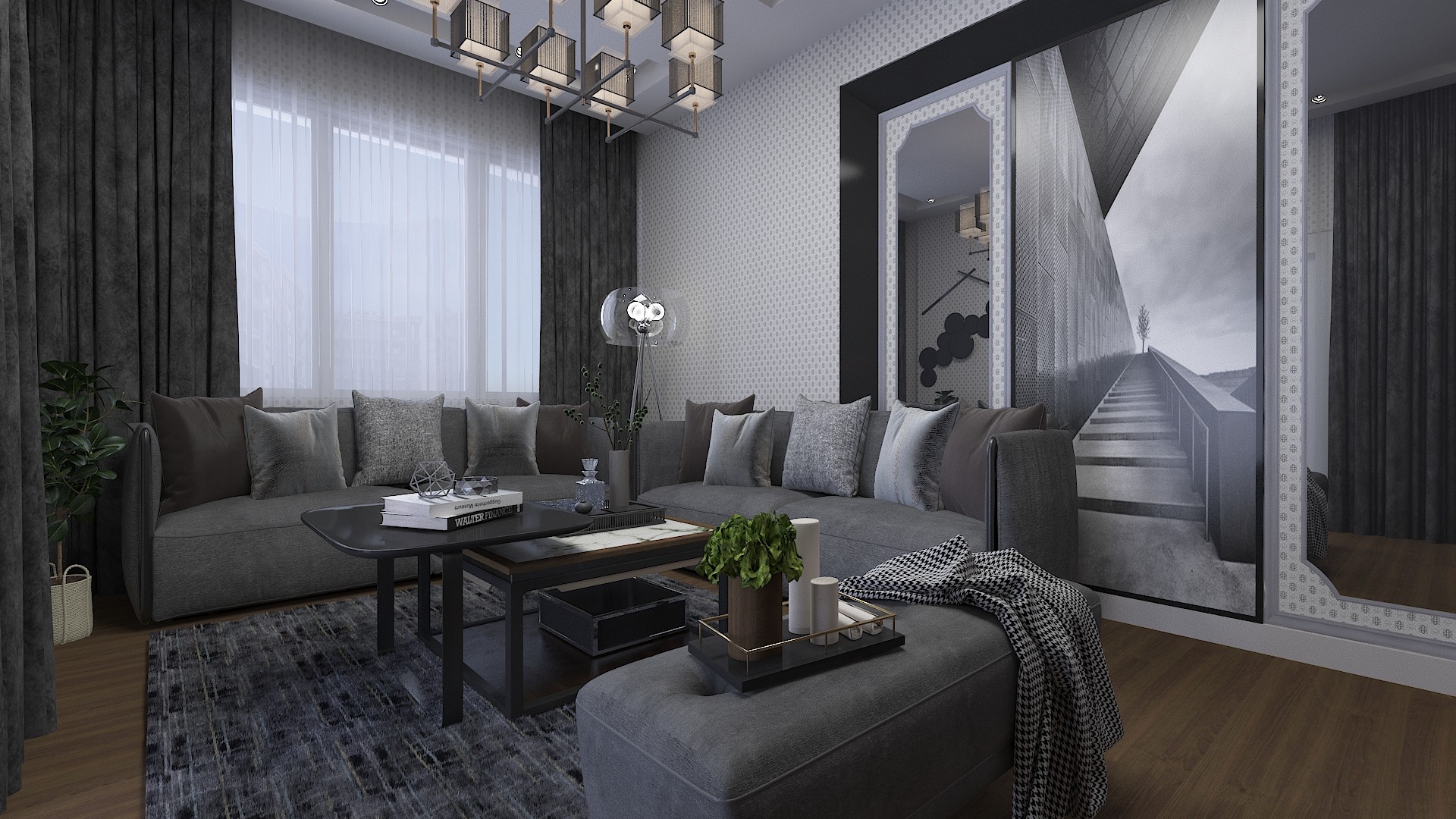 Nowoczesny salon w odcieniach szarości z sofą narożną, stolikami kawowymi, wzorzystym dywanem i dużym lustrem z czarno-białą grafiką architektoniczną.