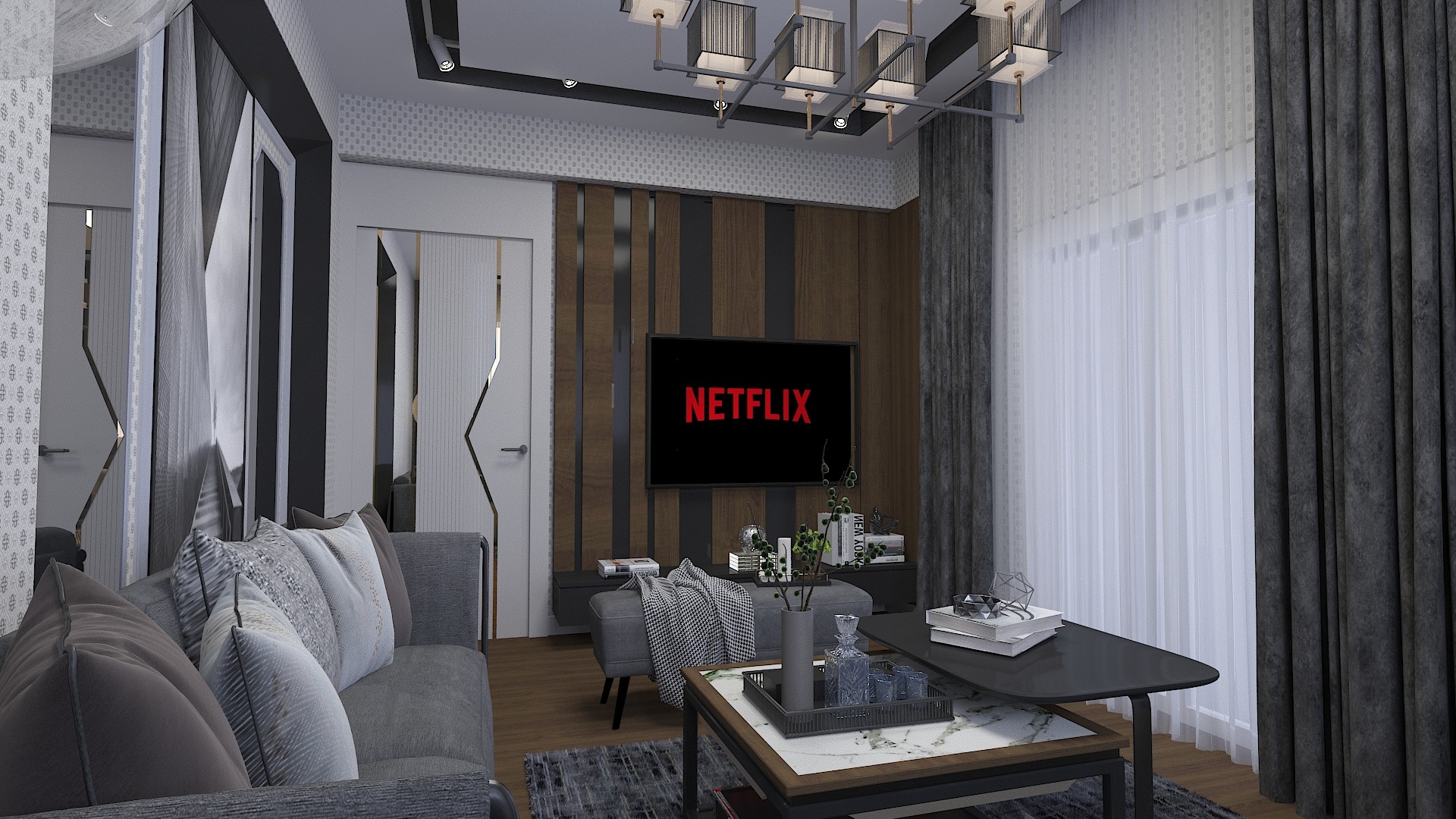 Wizualizacja salonu z szarą sofą, stolikiem kawowym z marmurowym blatem, telewizorem z logo Netflix na ścianie z drewnianymi panelami oraz dekoracyjnym oświetleniem sufitowym.