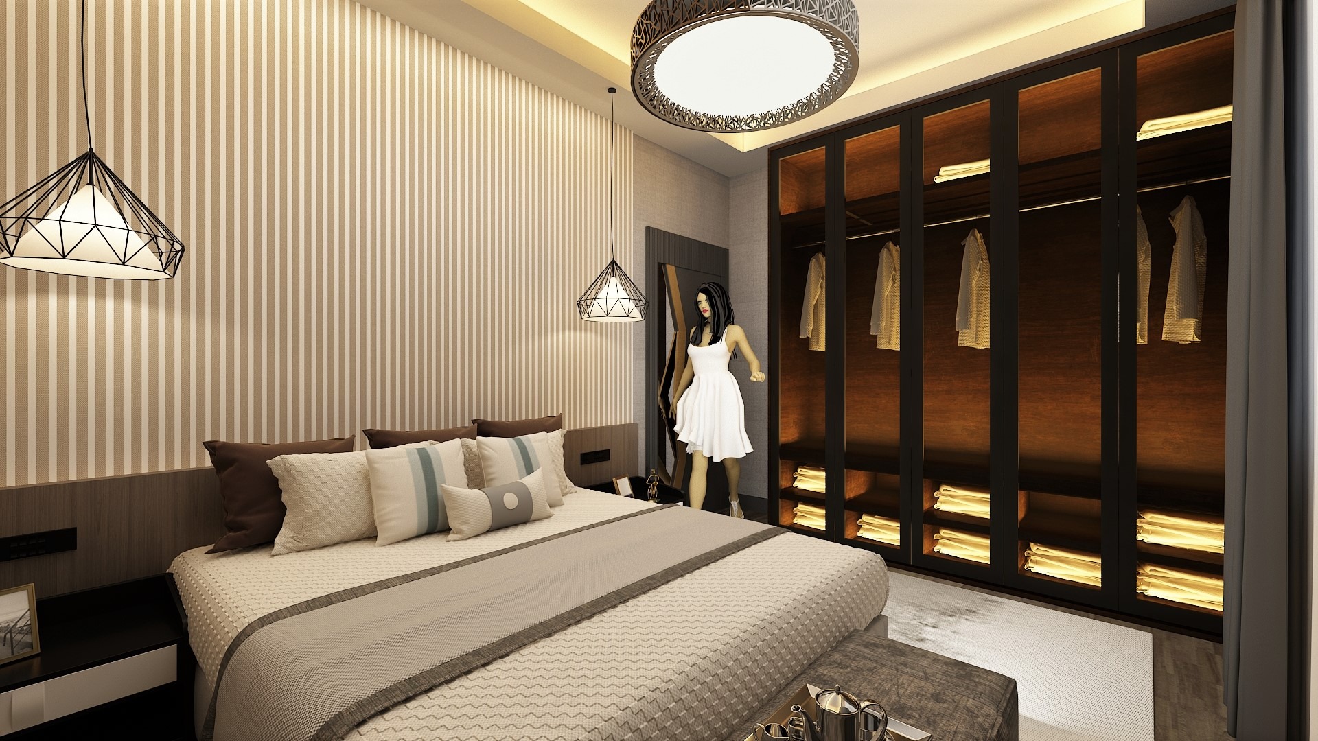 Wizualizacja sypialni z łóżkiem, lampami wiszącymi i dużą szafą wnękową z podświetleniem, w której odbija się postać kobiety.