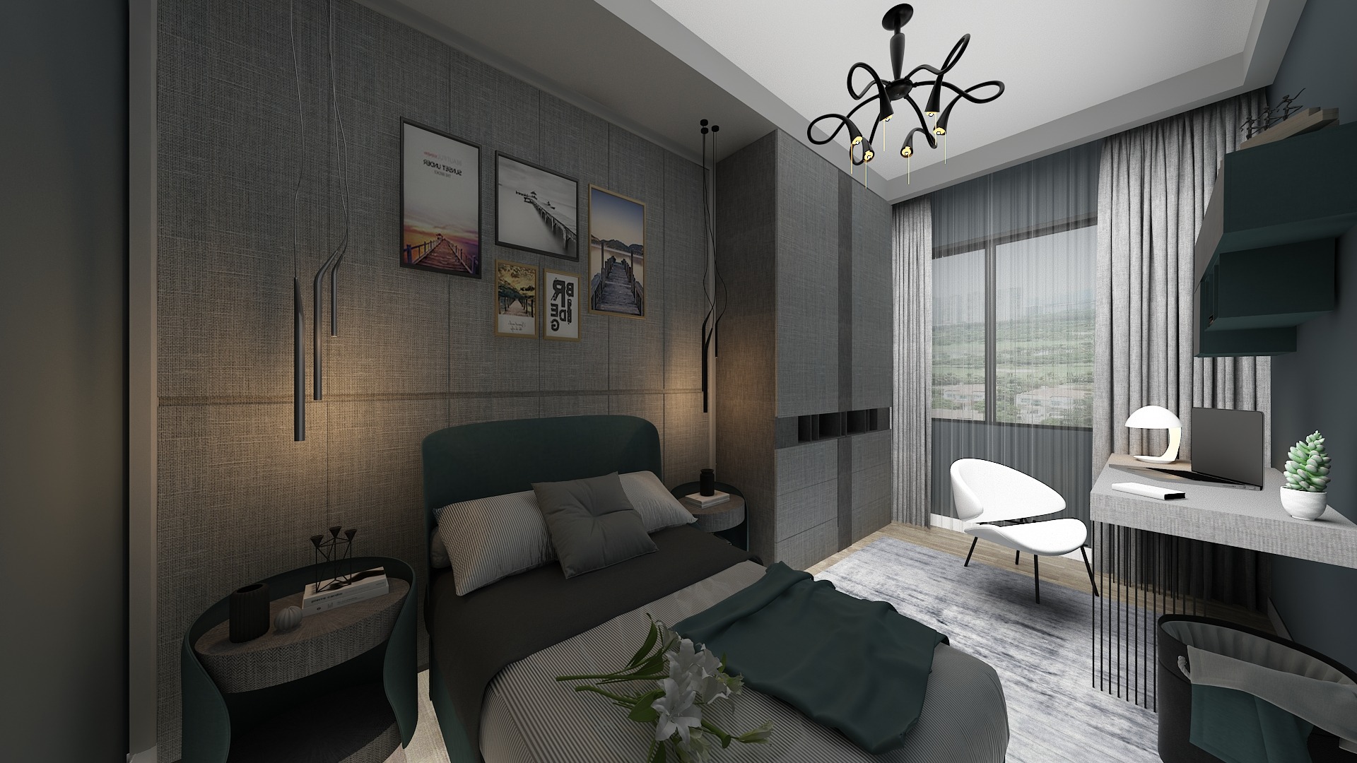 Wizualizacja sypialni z łóżkiem z zielonym wezgłowiem, biurkiem z laptopem i designerską lampą sufitową w kształcie pajęczej sieci.