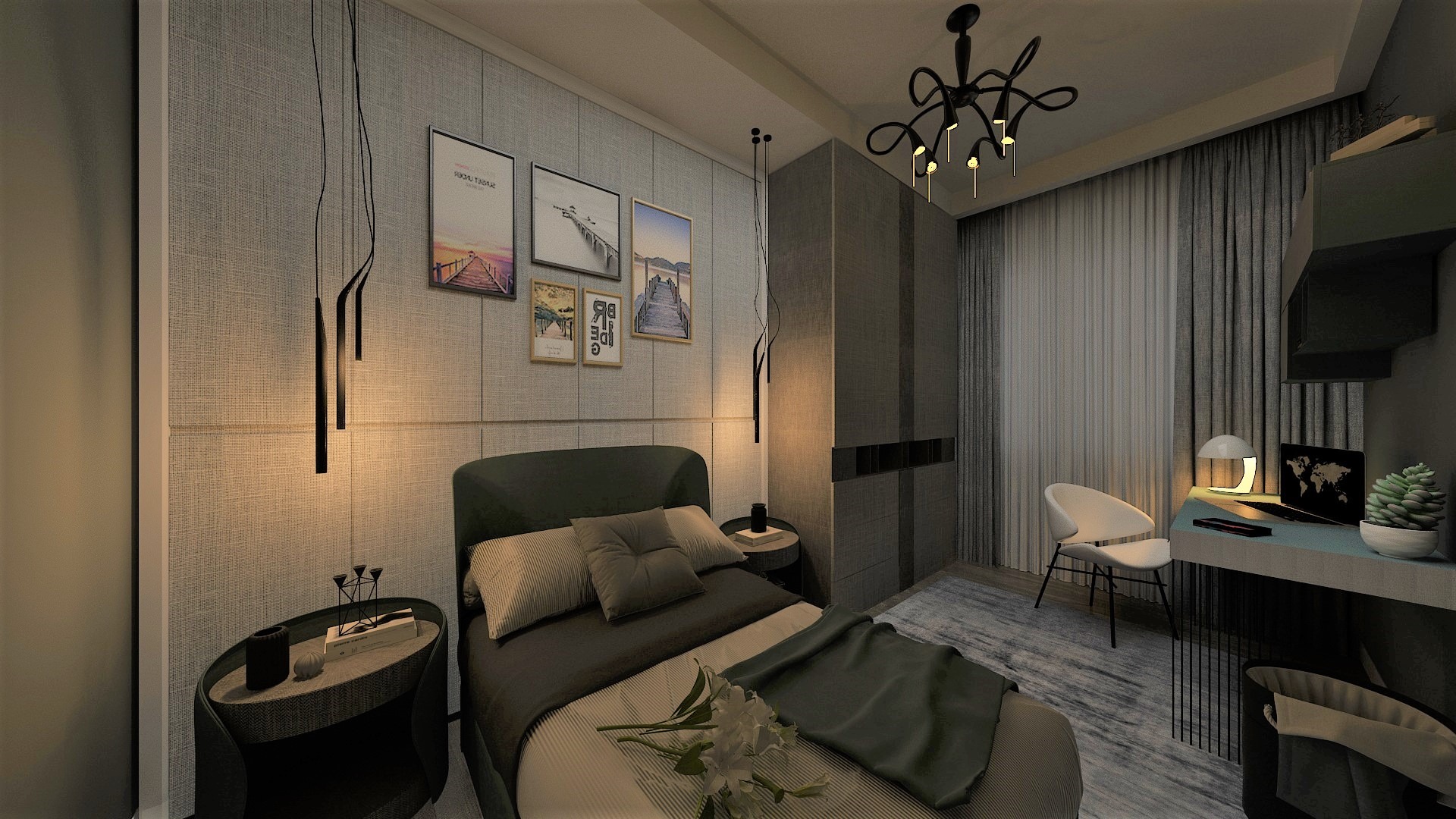 Nowoczesna sypialnia z łóżkiem, szafą w zabudowie, biurkiem i wiszącymi lampami, utrzymana w szarościach i bieli, z dekoracyjnymi obrazkami na ścianie i kwiatami na łóżku.