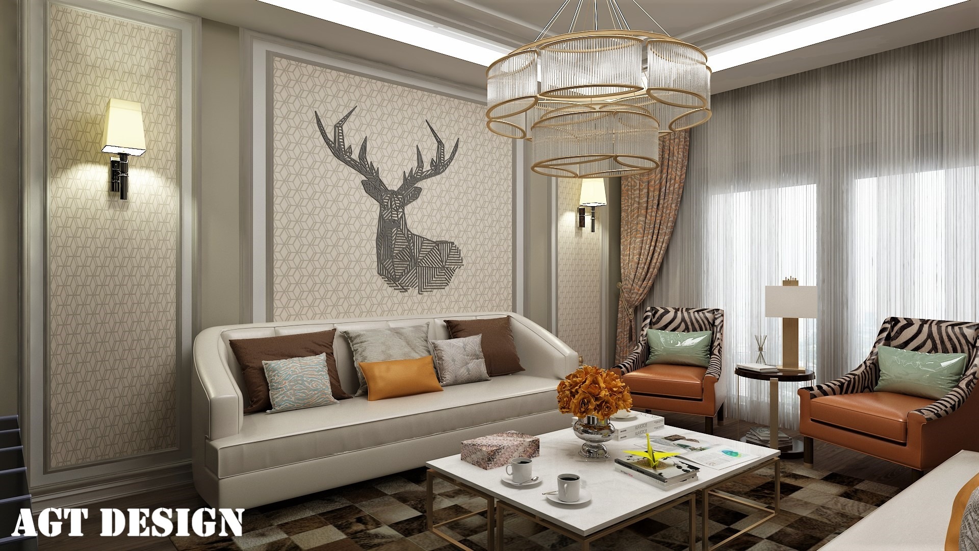 Elegancki salon w Rzeszowie z białym narożnikiem, geometrycznym motywem jelenia na ścianie, designerskim żyrandolem i krzesłami w zebrę, dopełniony kwiatami na stoliku kawowym.