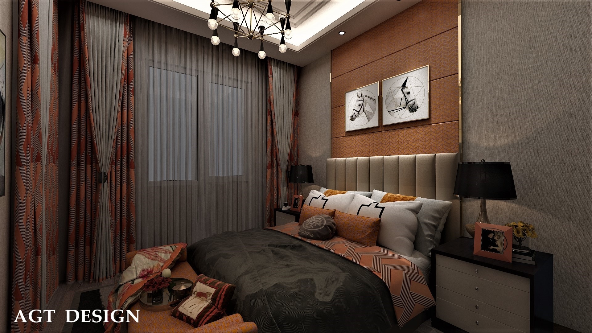 Wizualizacja sypialni z łóżkiem, beżowym zagłówkiem, pomarańczowymi zasłonami w geometryczne wzory, dekoracyjnym oświetleniem i grafikami koni nad łóżkiem.