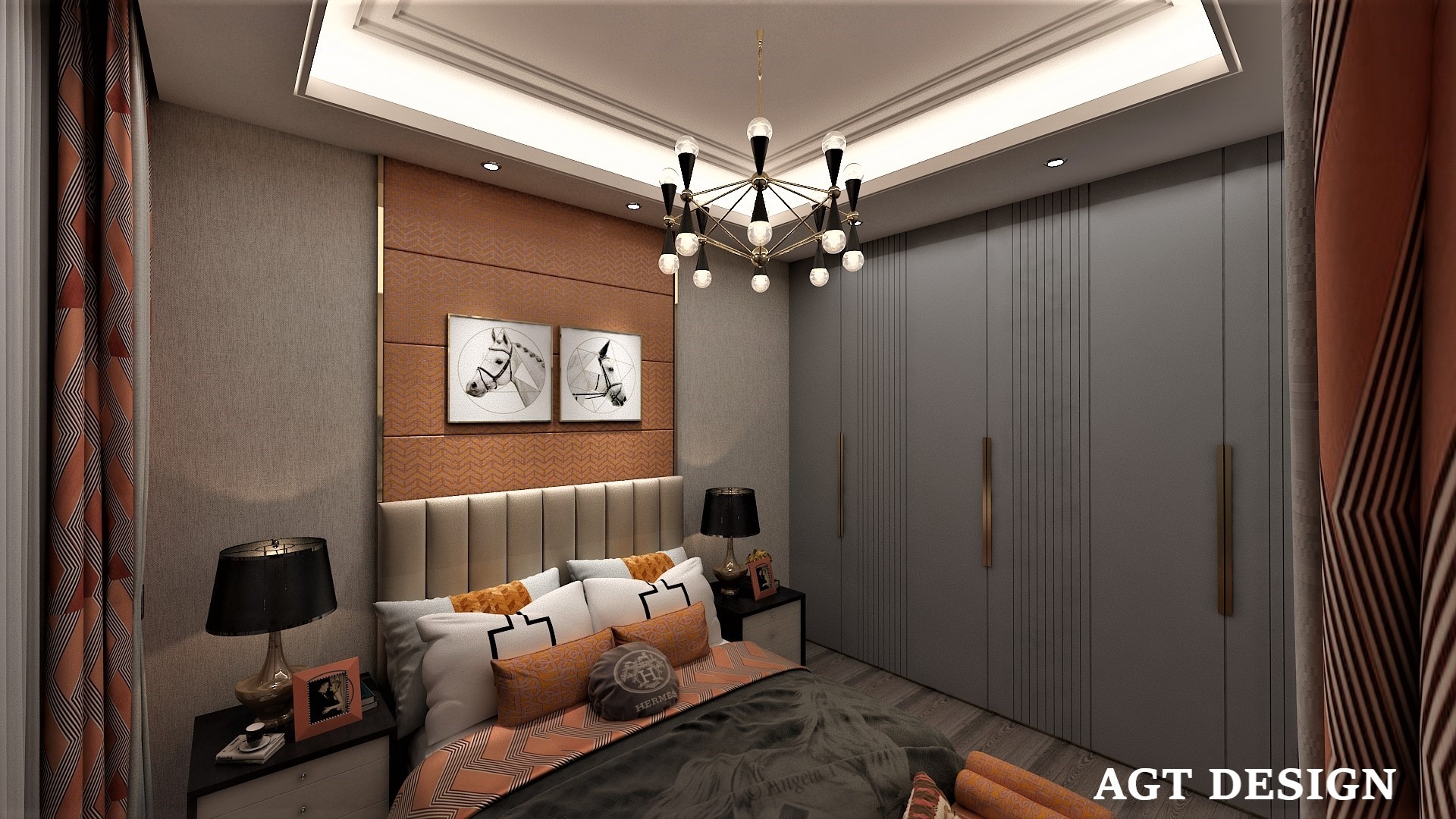 Nowoczesna sypialnia z szarą szafą wnękową, łóżkiem z beżowym zagłówkiem i dekoracyjną ścianą w geometryczny wzór, oświetlona designerskim żyrandolem.