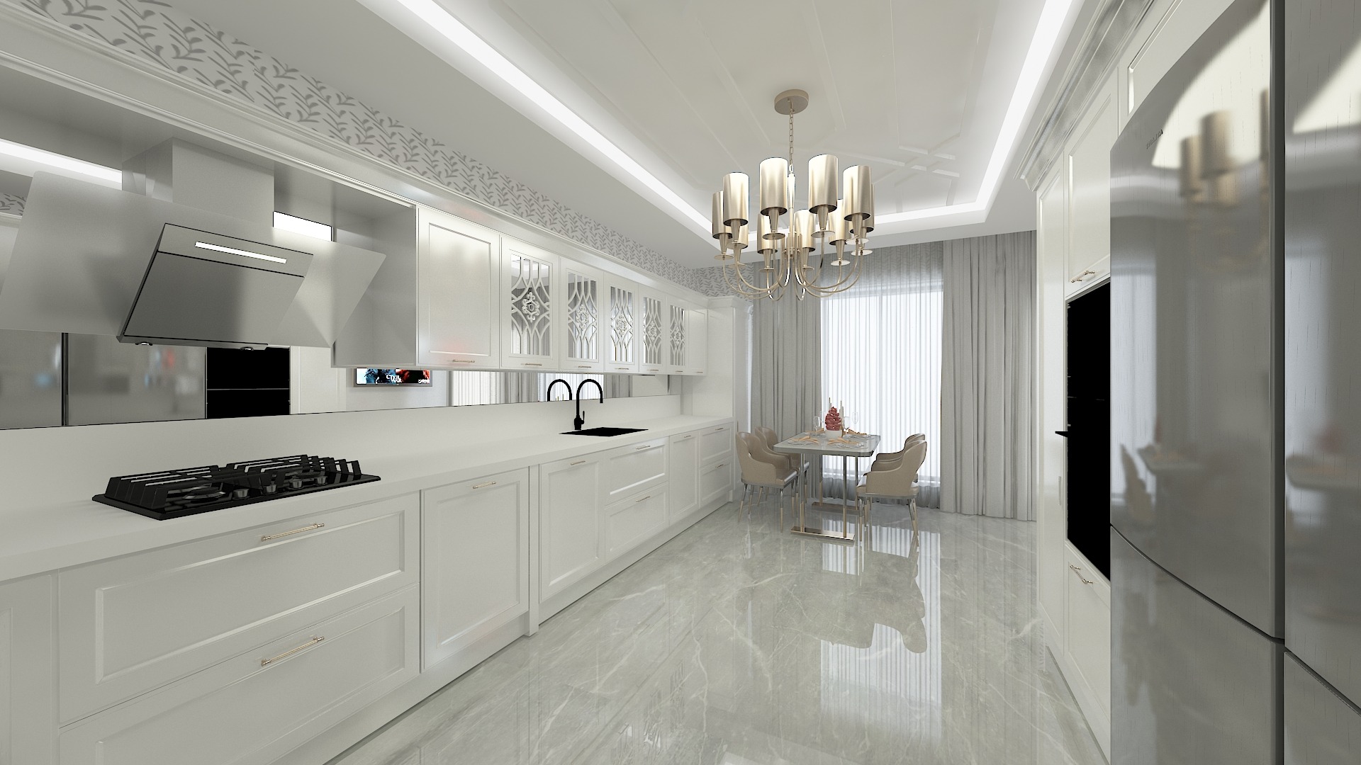 Elegancka, biała kuchnia z wyspą, marmurową podłogą i dekoracyjnym oświetleniem, widok na stół jadalny z krzesłami w tle.