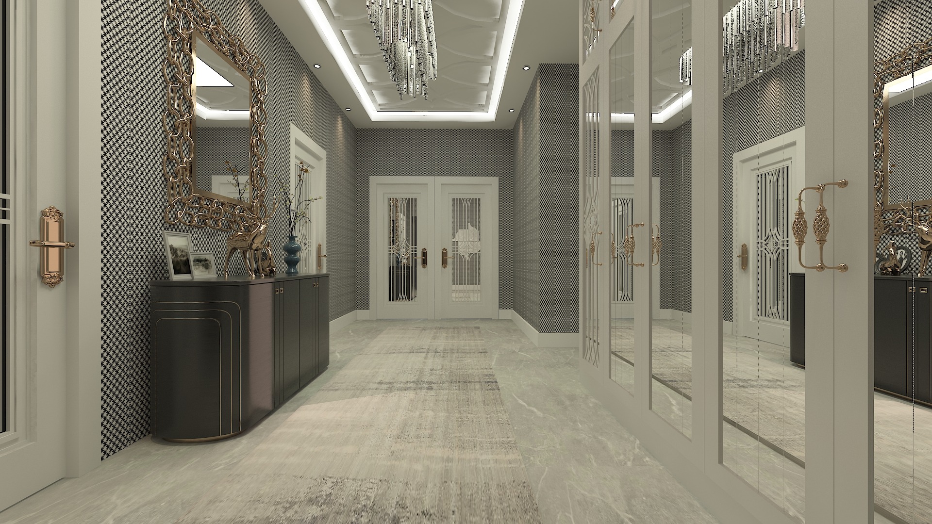 Elegancki przedpokój z ciemną komodą, ozdobnym lustrem w złotej ramie, dekoracjami i wzorzystą tapetą, oświetlony przez nowoczesny żyrandol.